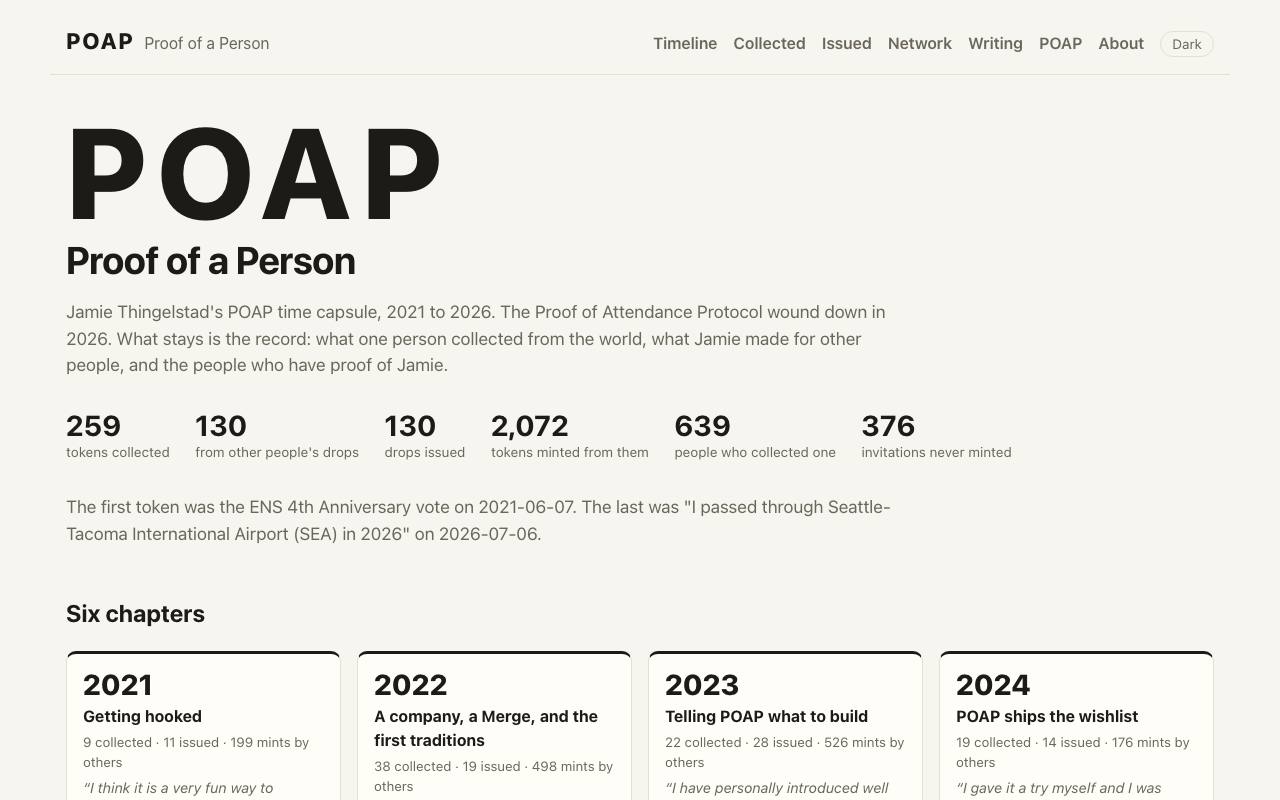 The front page of poap.thingelstad.xyz on Oct 20, 2026