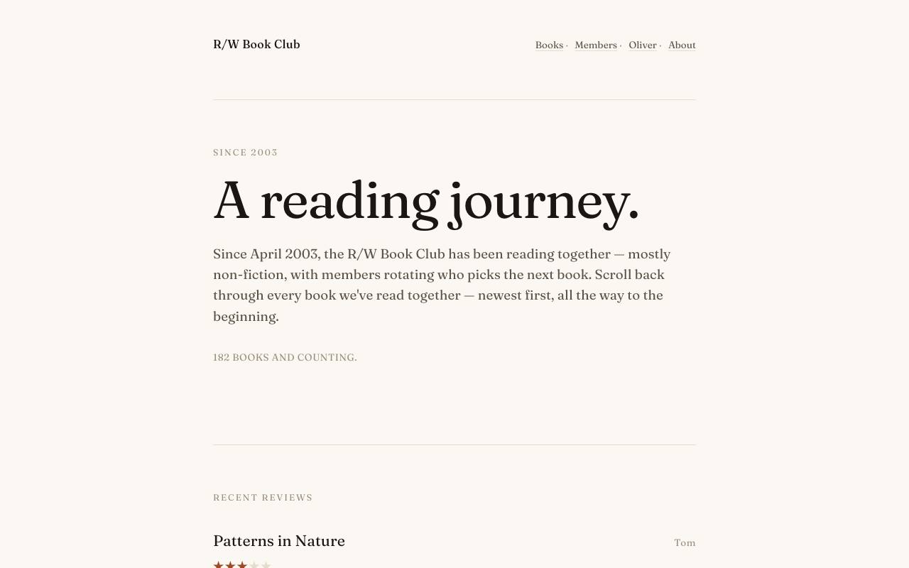 The front page of rwbookclub.com on Oct 20, 2026