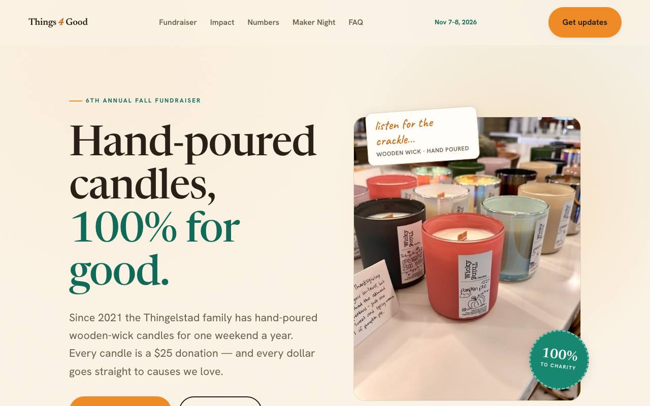 The front page of things4good.xyz on Oct 20, 2026