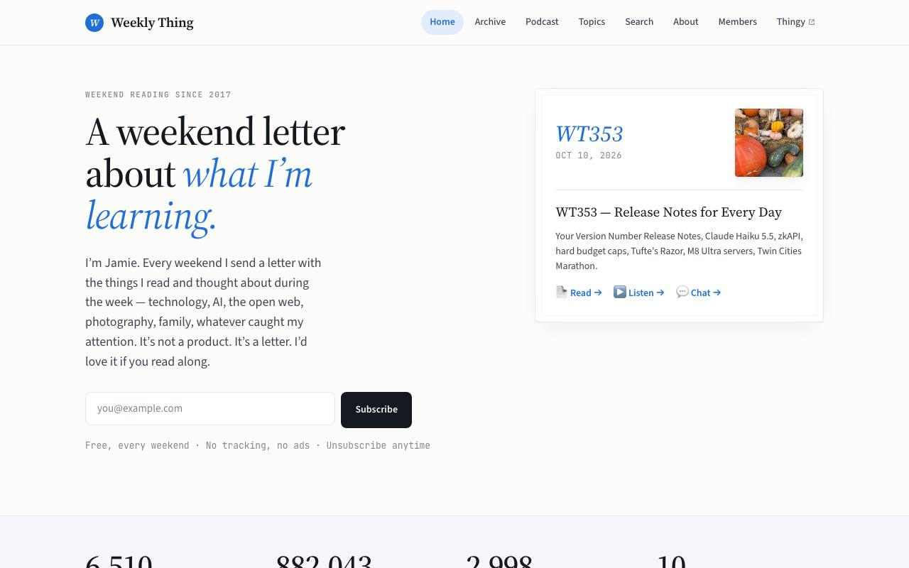 The front page of weekly.thingelstad.com on Oct 20, 2026