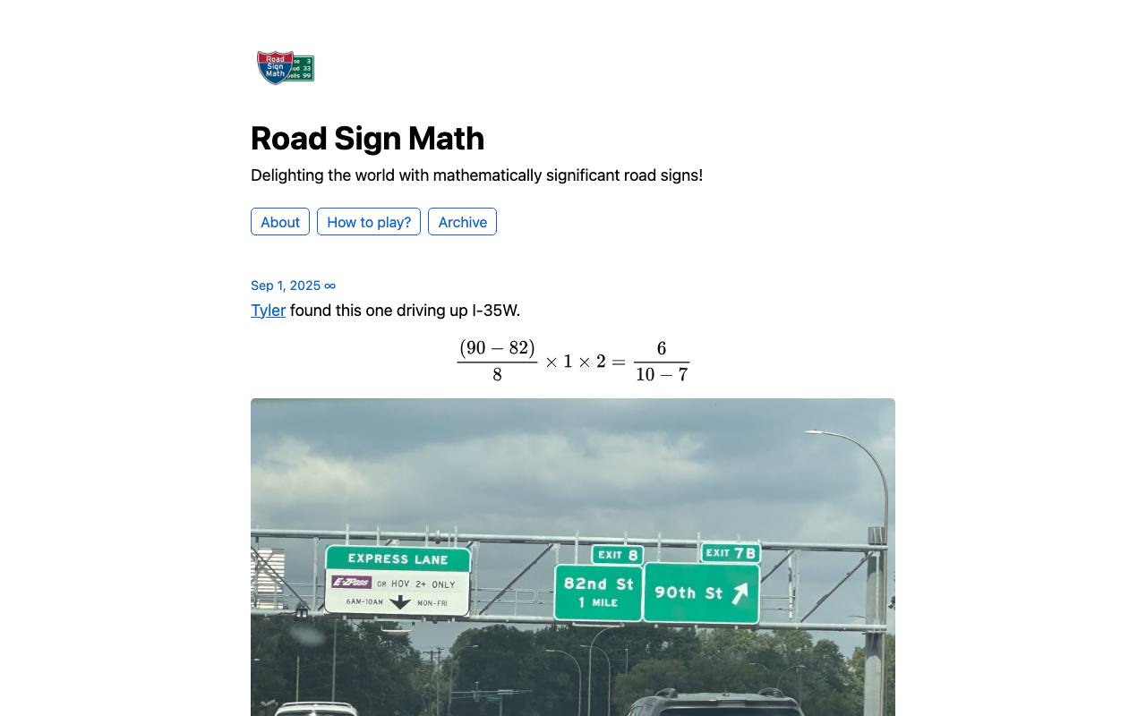 The front page of www.roadsignmath.xyz on Oct 20, 2026