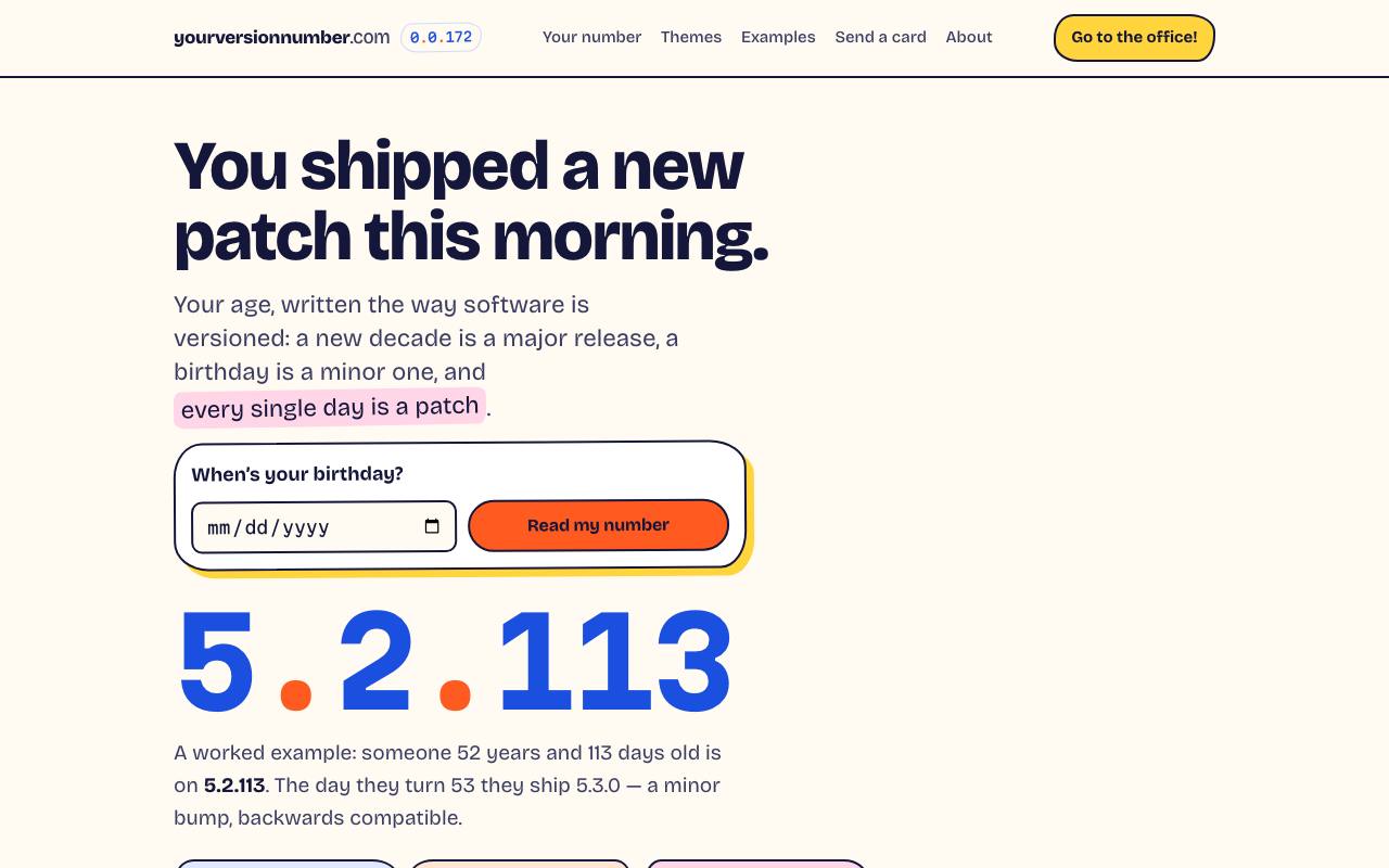 The front page of yourversionnumber.com on Oct 20, 2026
